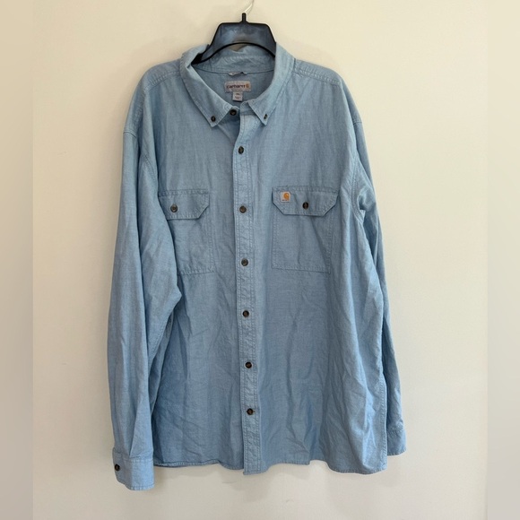 Carhartt 100% Cotton Long Sleeved Button Down Blue Chambray Shirt, size 3XL - Picture 2 of 9